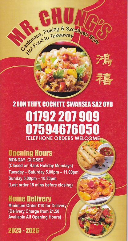 Mr Chung's chinese takeaway menu swansea